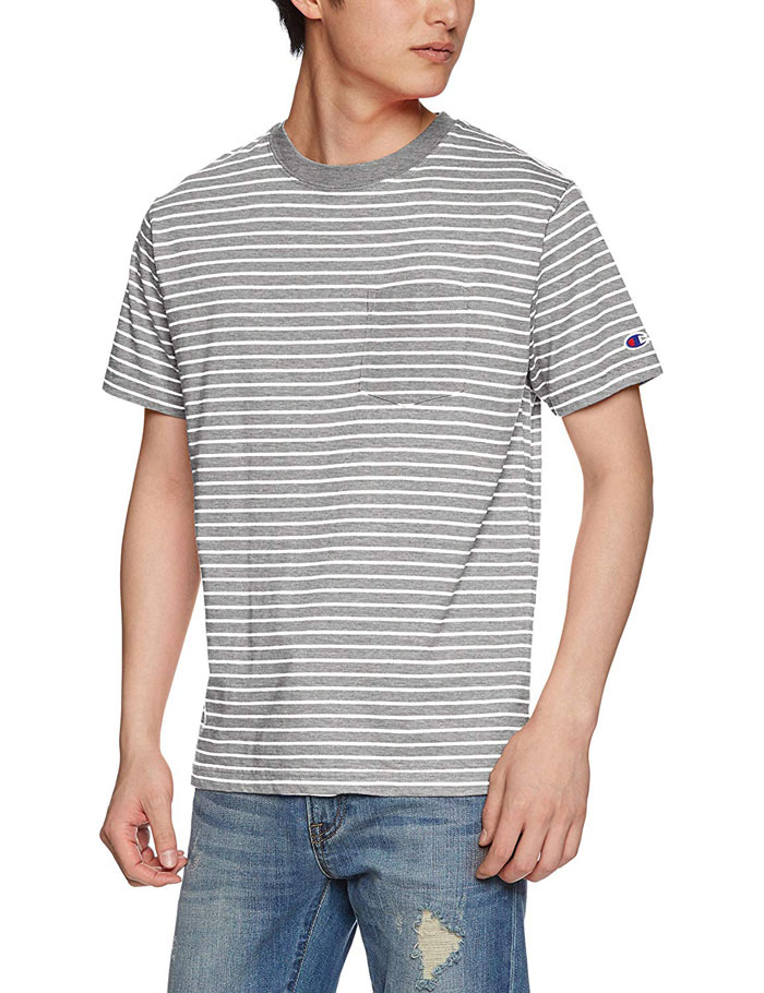 チャンピオン Champion ベーシック ボーダー ポケット Tシャツ ポケt ストライプ柄tシャツ C3 P304 Grey グレー